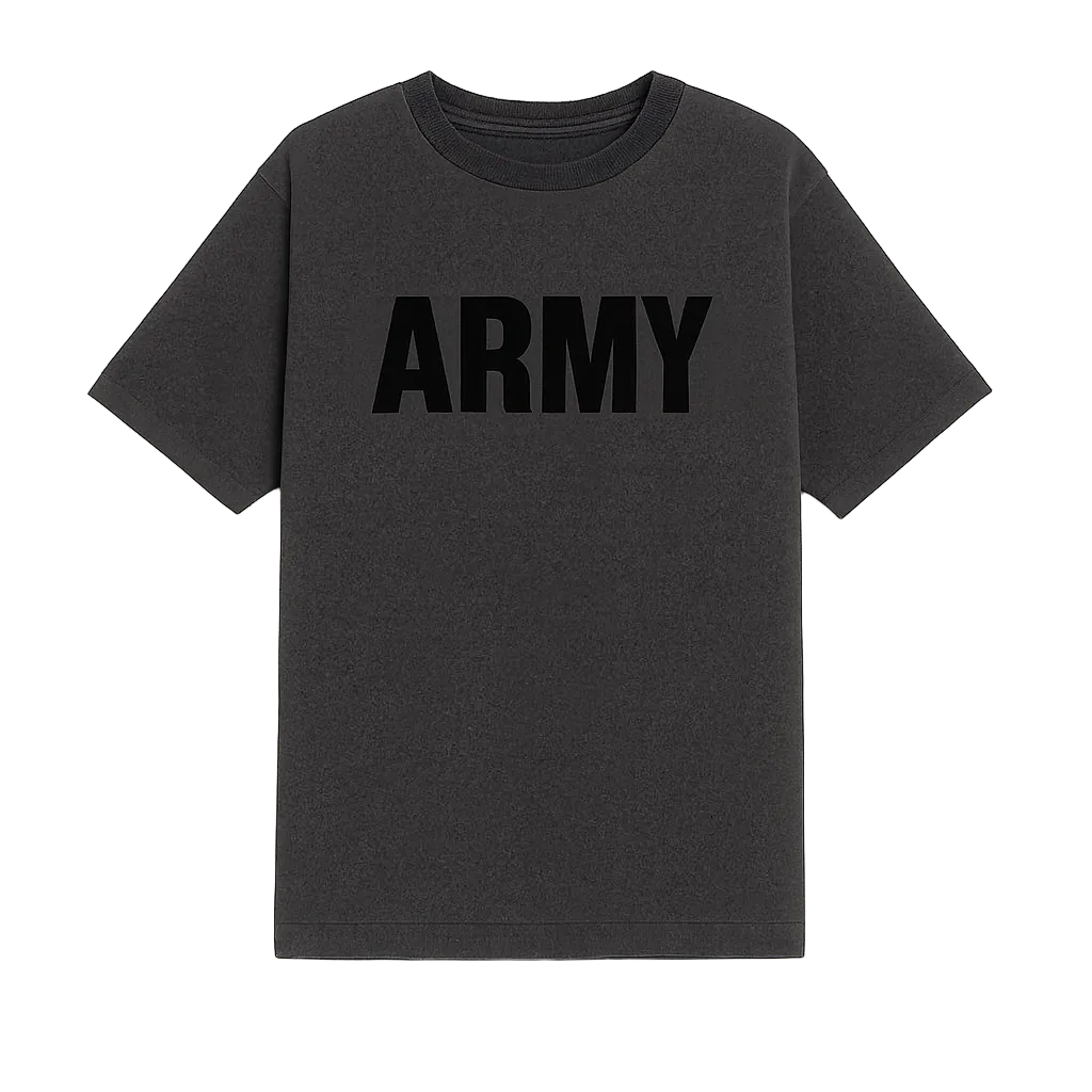 Black t-shirt with 'ARMY' printed on it against a white background