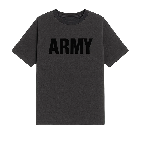 Black t-shirt with 'ARMY' printed on it against a white background