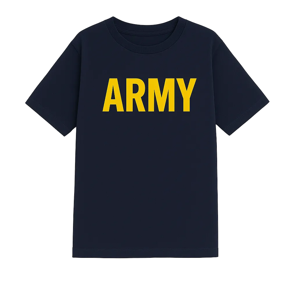 Navy blue t-shirt with 'ARMY' printed in yellow on a white background
