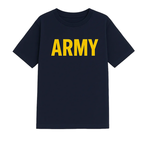 Navy blue t-shirt with 'ARMY' printed in yellow on a white background