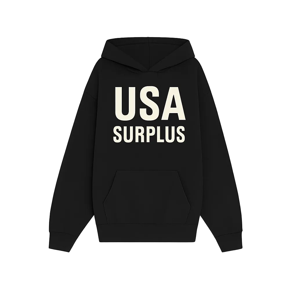 Black hoodie with 'USA Surplus' text on a white background
