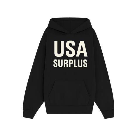 Black hoodie with 'USA Surplus' text on a white background
