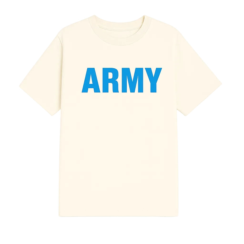 Beige t-shirt with 'ARMY' printed in blue on a white background