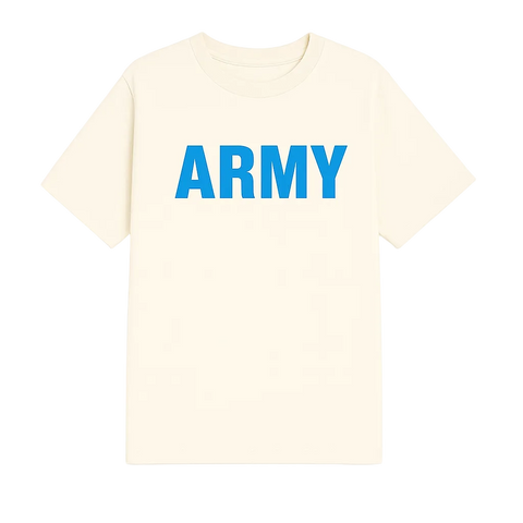 Beige t-shirt with 'ARMY' printed in blue on a white background