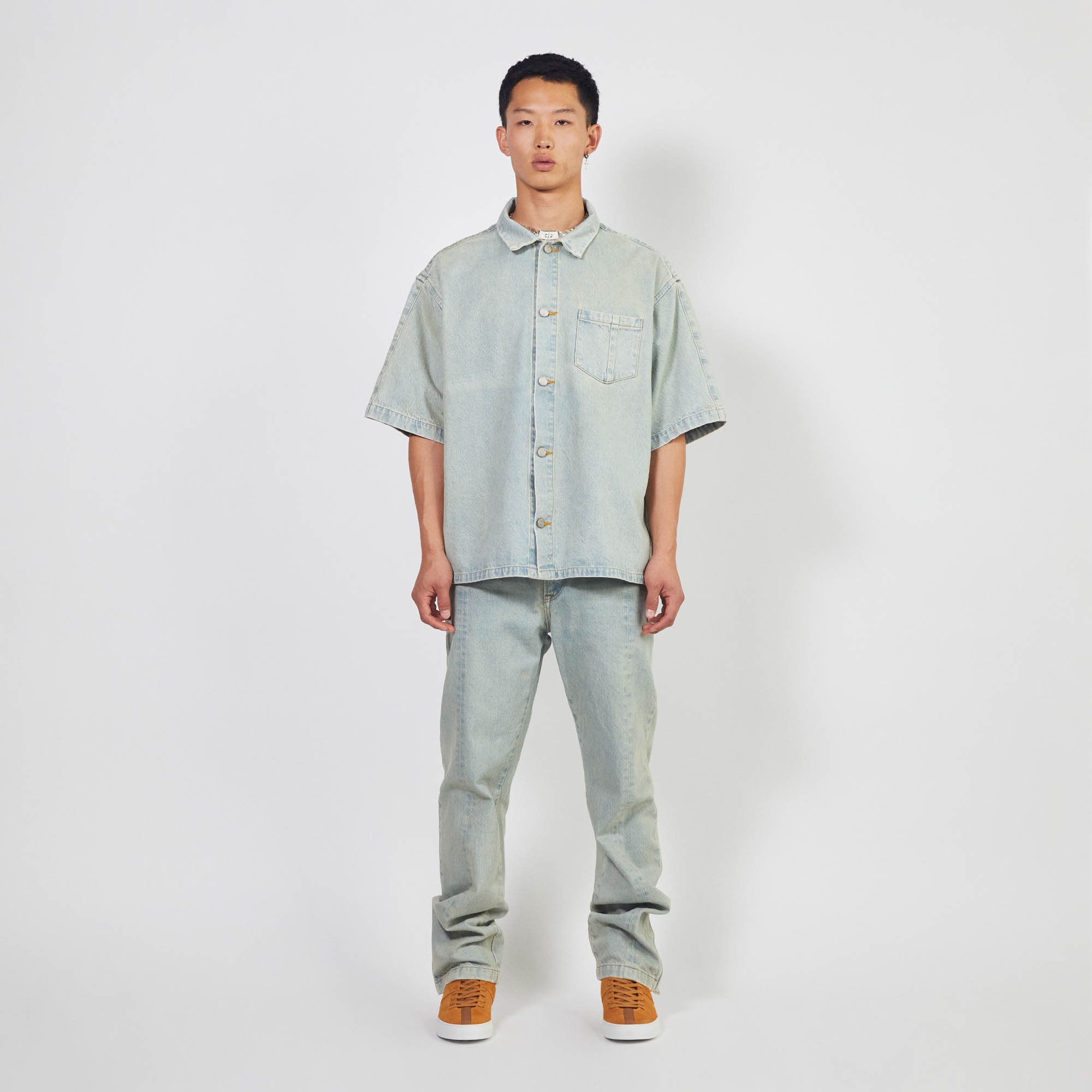 S/S Denim Box Shirt in Blue Stone Wash