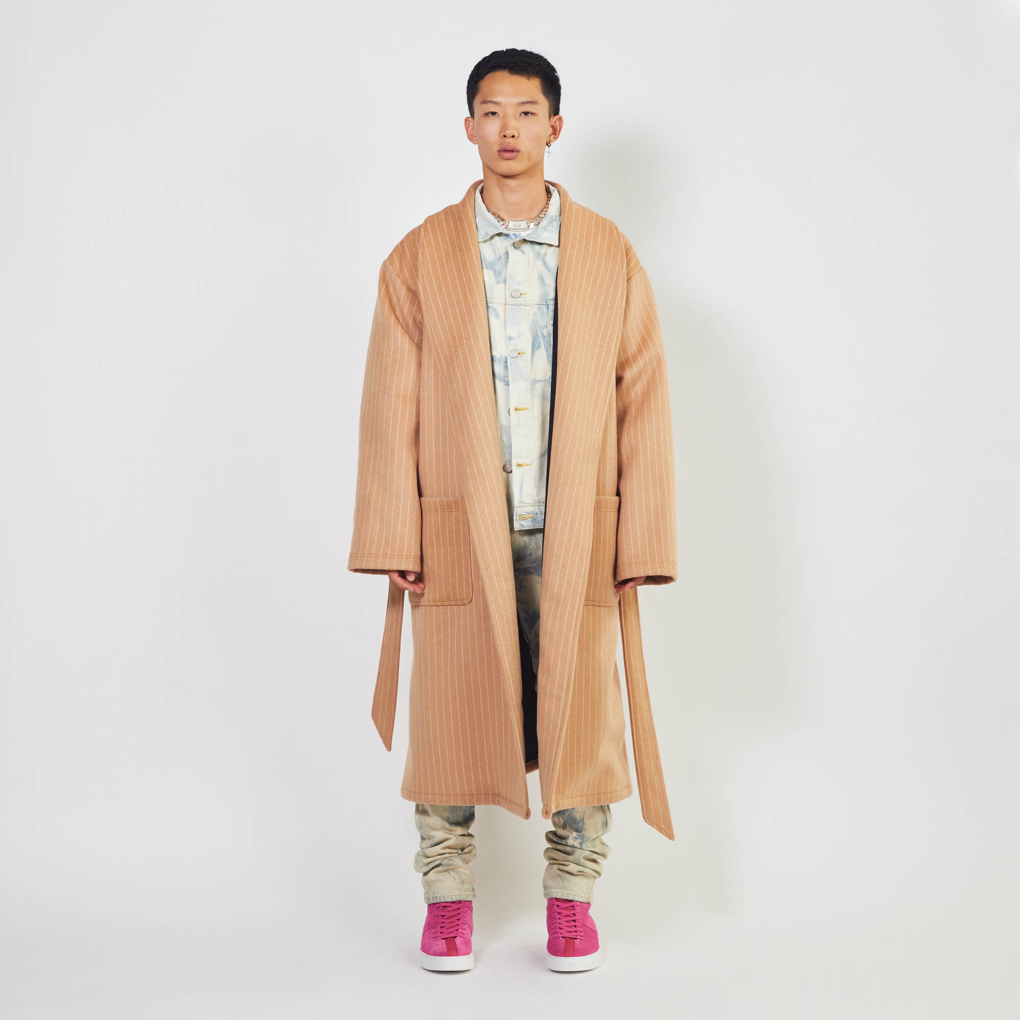 heavy wool robe coat / camel chalk stripe