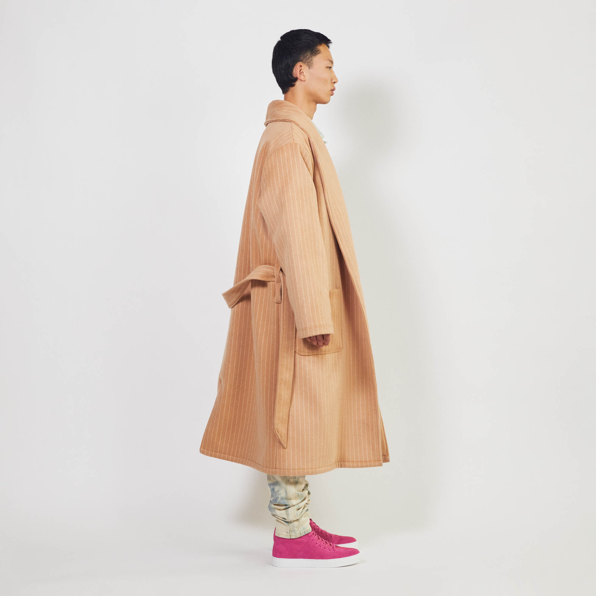 heavy wool robe coat / camel chalk stripe