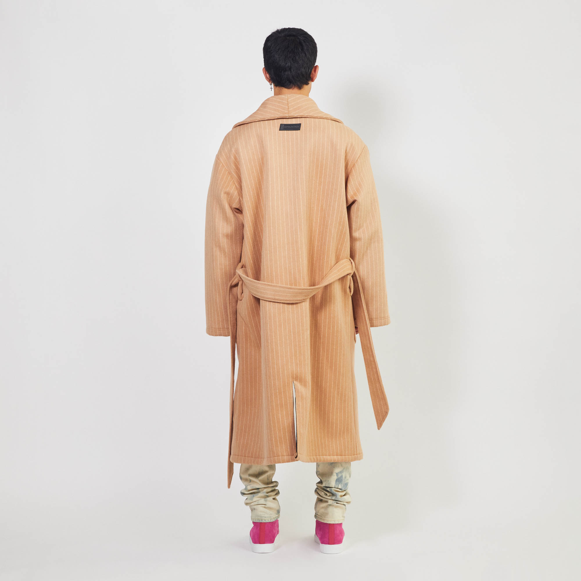 heavy wool robe coat / camel chalk stripe