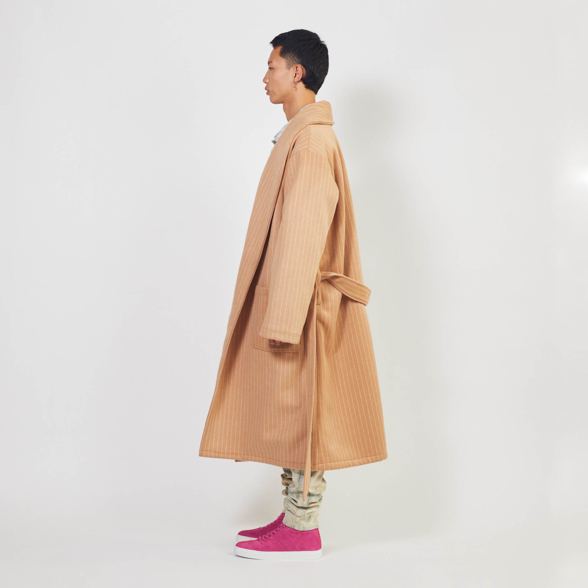 heavy wool robe coat / camel chalk stripe