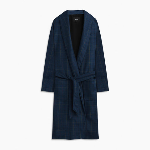 heavy wool robe coat / navy plaid