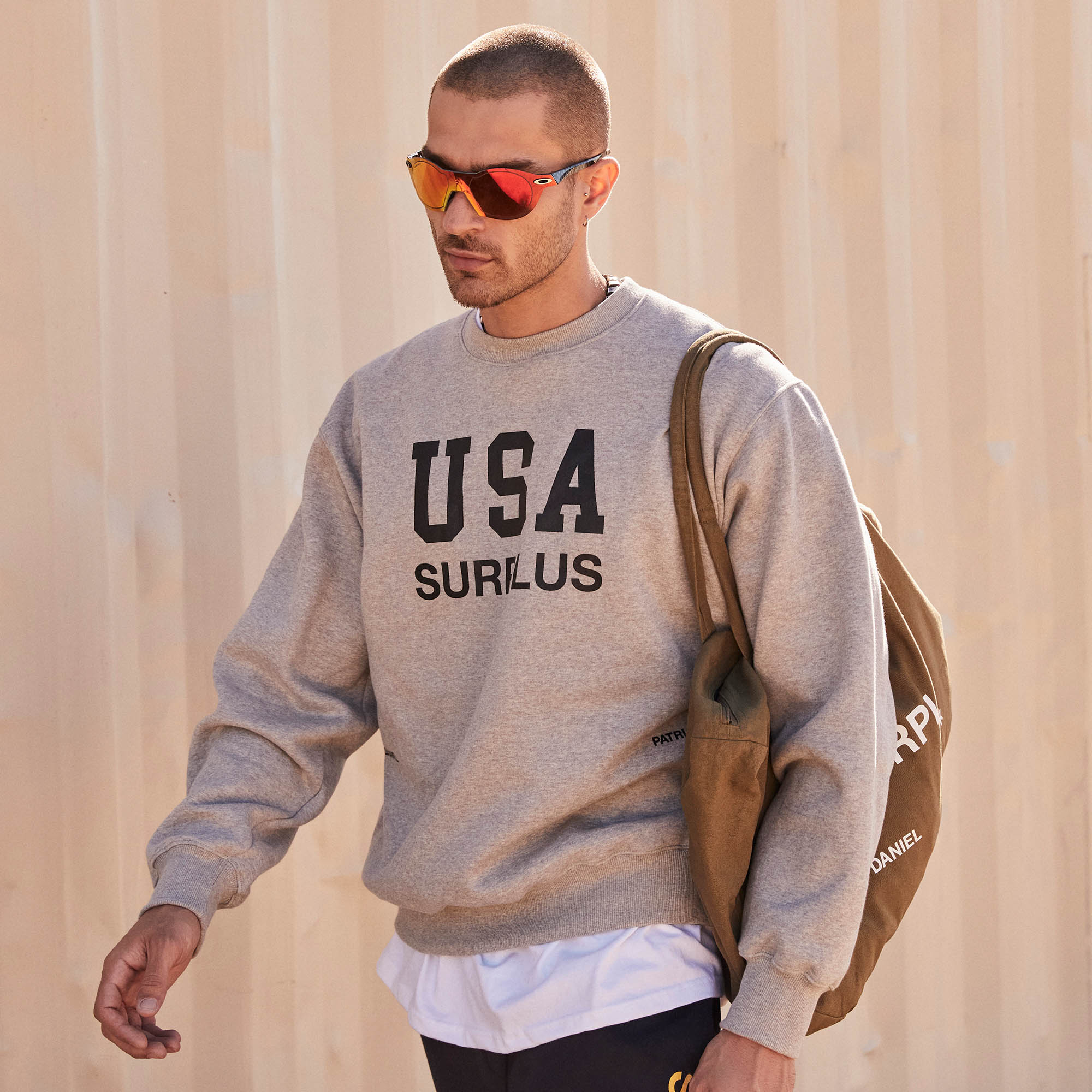 USA Surplus Crewneck in Heather Grey + Black