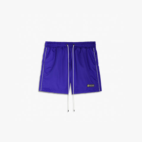 Purple shorts with white drawstring on a white background